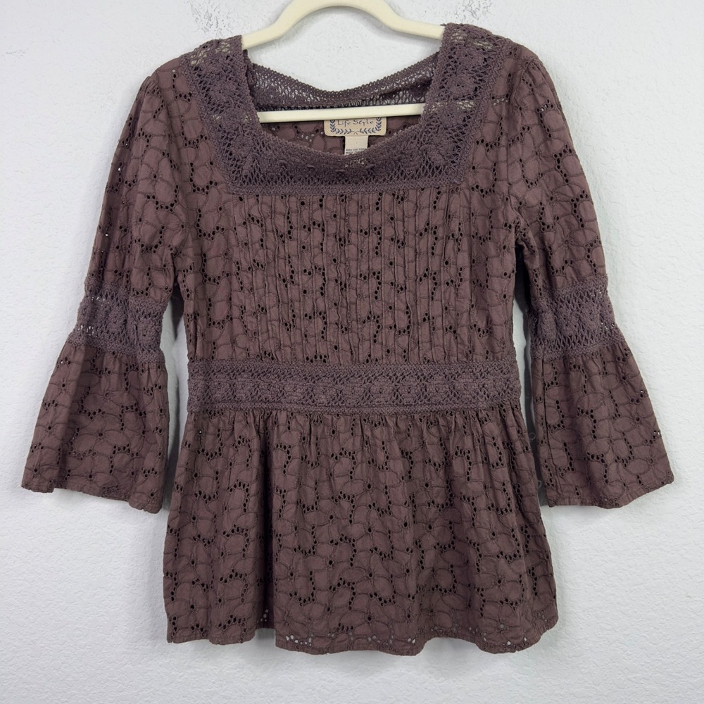 Life‎ Style Shirt Womens M Brown Crochet Lace Peplum Boho Cottagecore Peasant